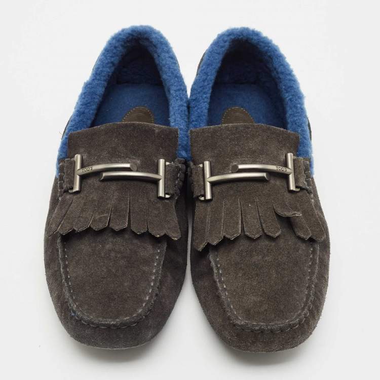 Pre Owned Tod's Grey Shearling and Suede Double T Driver Loafers Size 39.5
