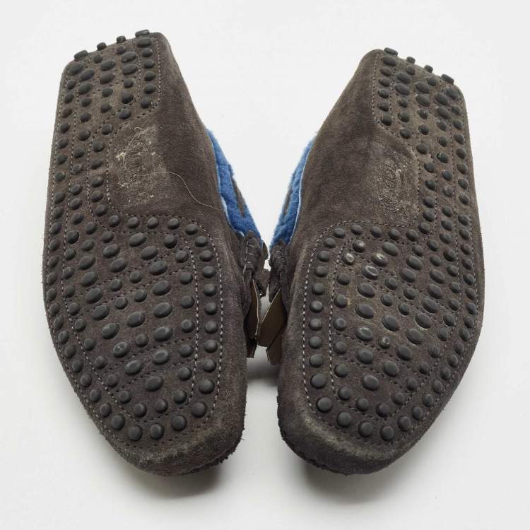 Pre Owned Tod's Grey Shearling and Suede Double T Driver Loafers Size 39.5