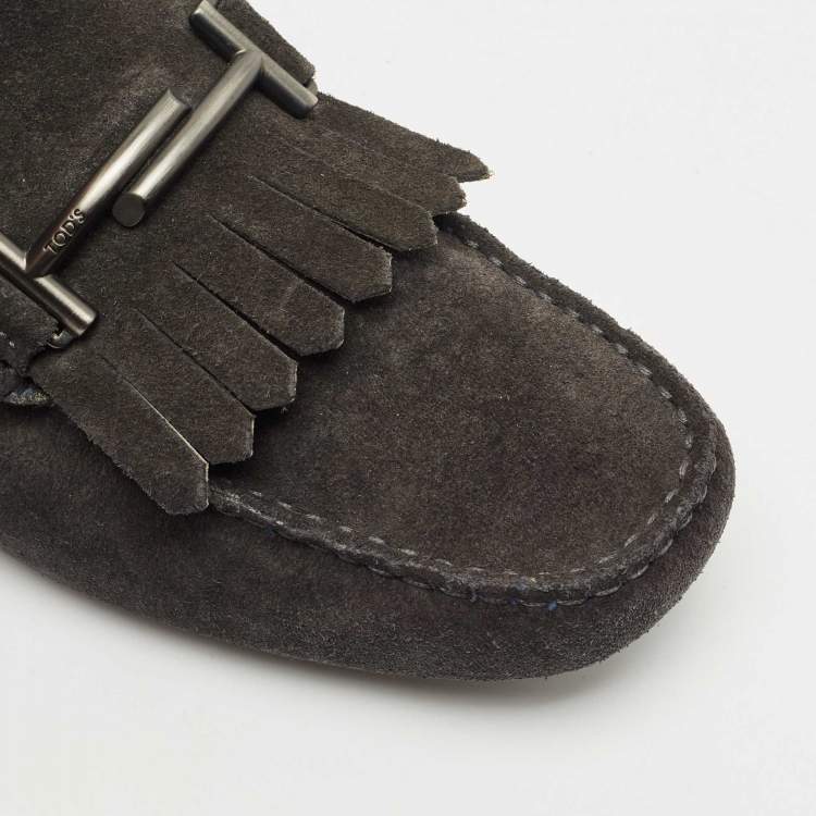 Pre Owned Tod's Grey Shearling and Suede Double T Driver Loafers Size 39.5
