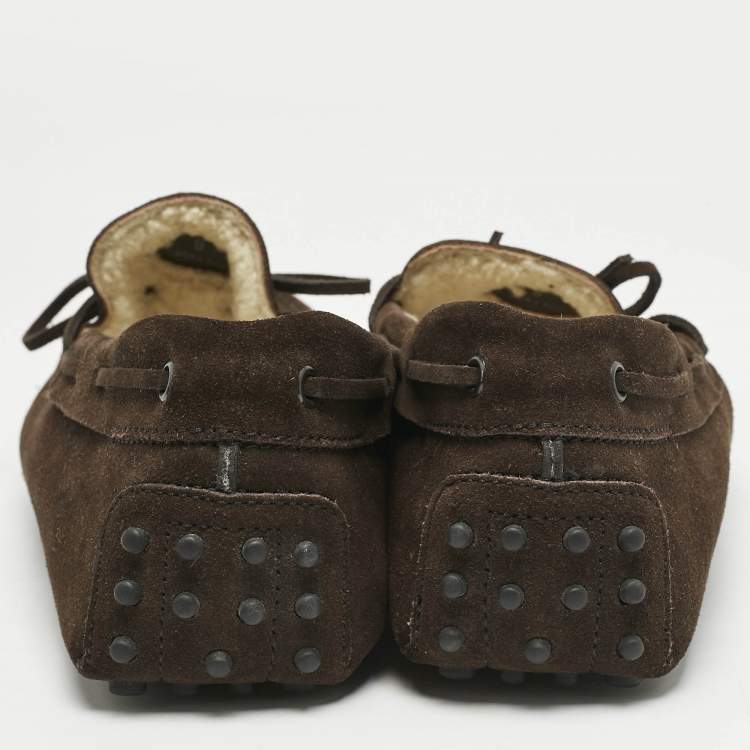 Pre Owned Tod's Dark Brown Suede Shearling Lined Bow Slip On Loafers Size 43