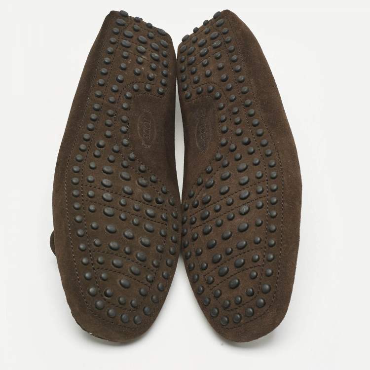Pre Owned Tod's Dark Brown Suede Shearling Lined Bow Slip On Loafers Size 43