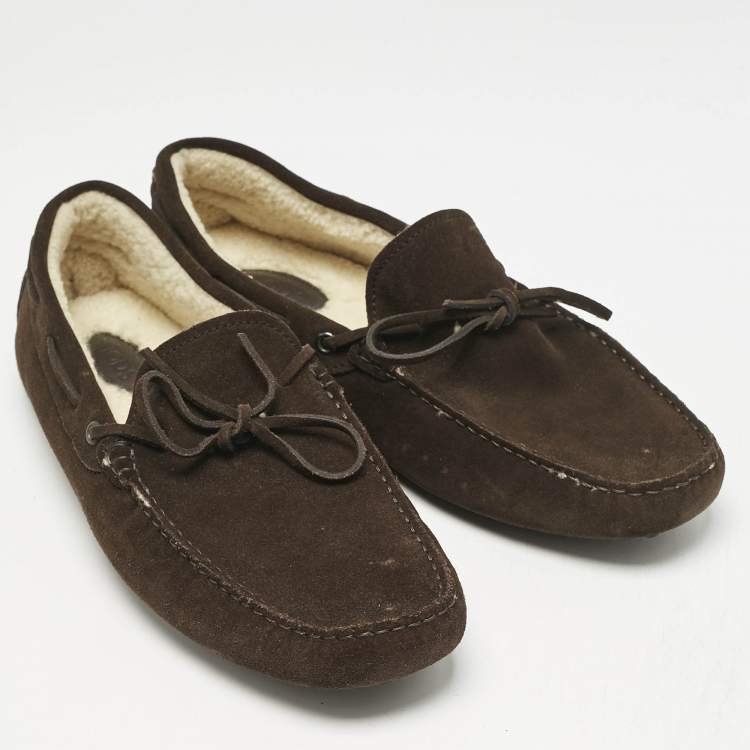 Pre Owned Tod's Dark Brown Suede Shearling Lined Bow Slip On Loafers Size 43