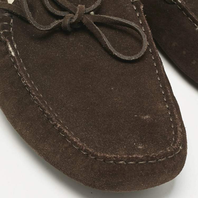 Pre Owned Tod's Dark Brown Suede Shearling Lined Bow Slip On Loafers Size 43