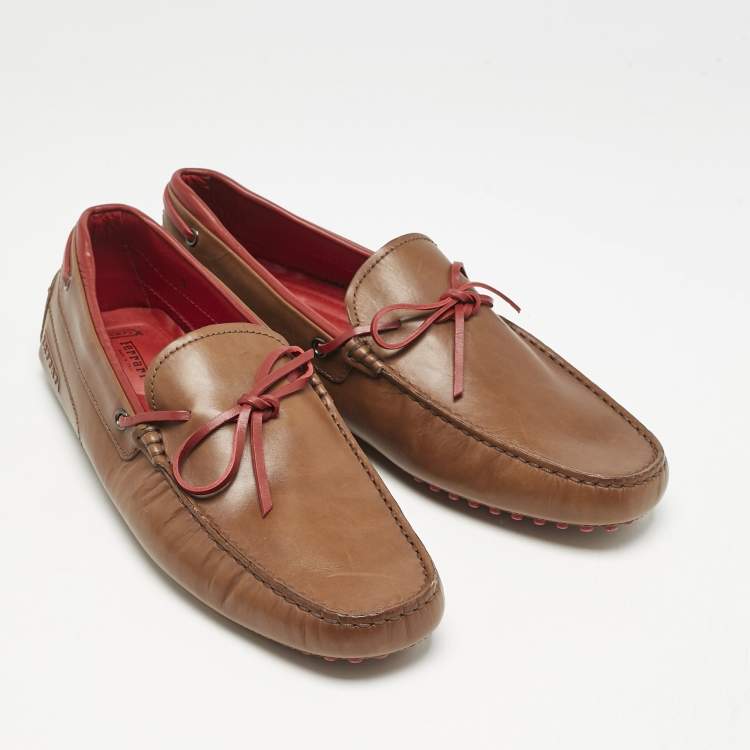 Pre Owned Tod's For Ferrari Brown Leather Bow Slip On Loafers Size 43