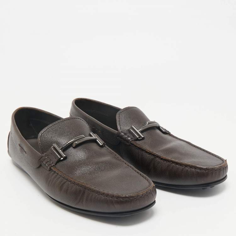 Pre Owned Tod's Brown Leather Double T Slip On Loafers Size 44.5