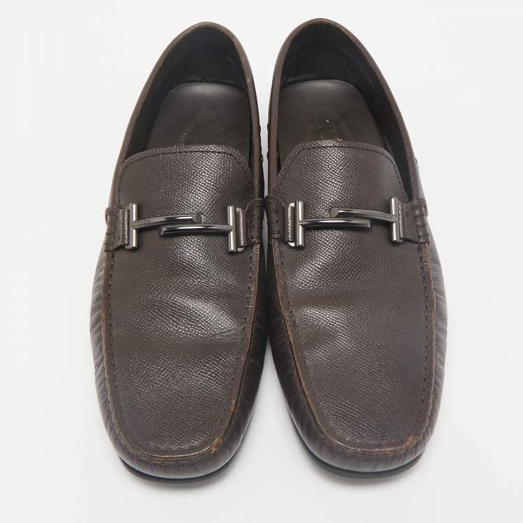 Pre Owned Tod's Brown Leather Double T Slip On Loafers Size 44.5