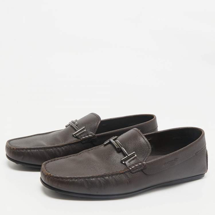 Pre Owned Tod's Brown Leather Double T Slip On Loafers Size 44.5