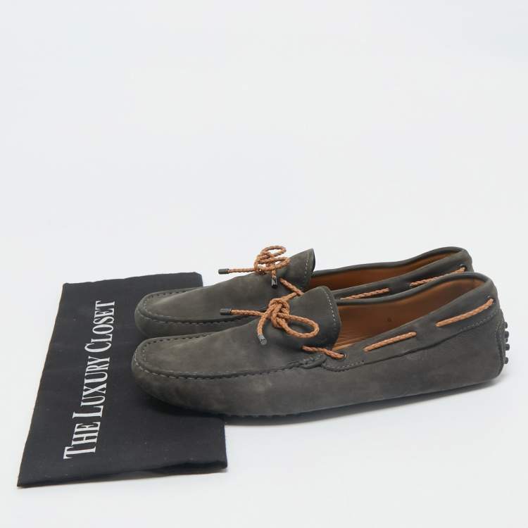 Pre Owned Tod's Dark Grey Suede Bow Slip On Loafers Size 42