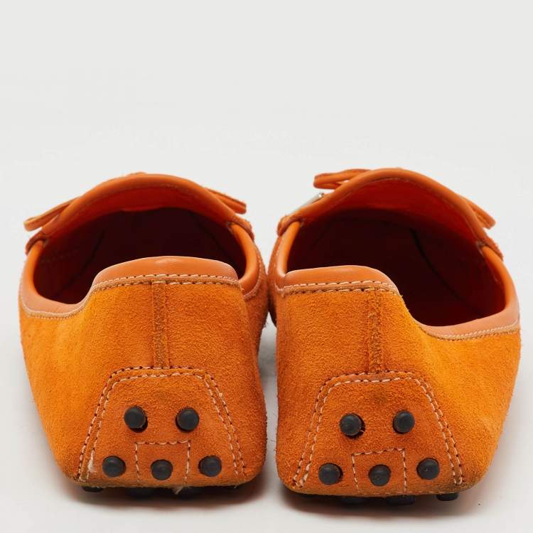 Pre Owned Tod's Orange Suede Bow Slip On Loafers Size 39