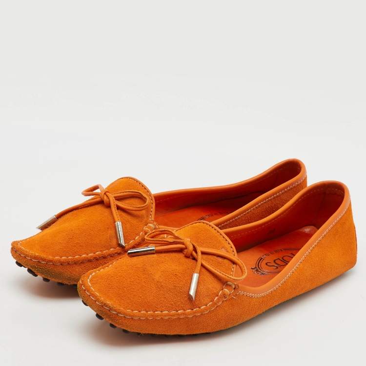 Pre Owned Tod's Orange Suede Bow Slip On Loafers Size 39