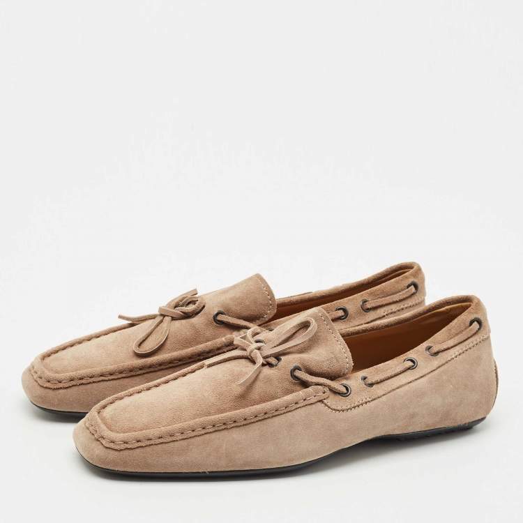 Pre Owned Tod's Light Brown Suede Bow Slip On Loafers Size 41.5