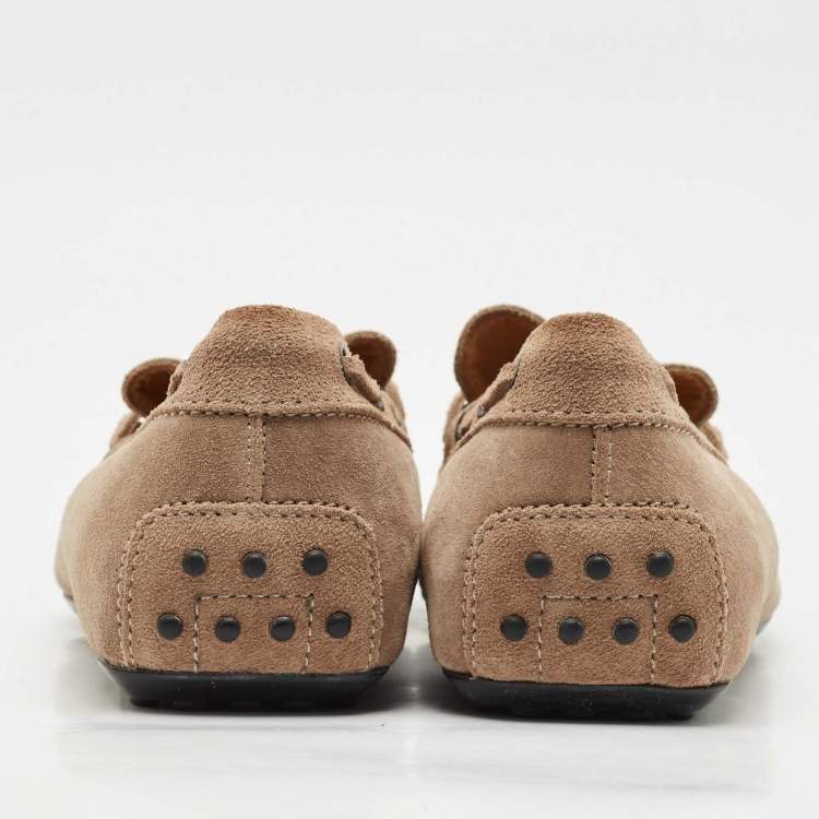 Pre Owned Tod's Light Brown Suede Bow Slip On Loafers Size 41.5