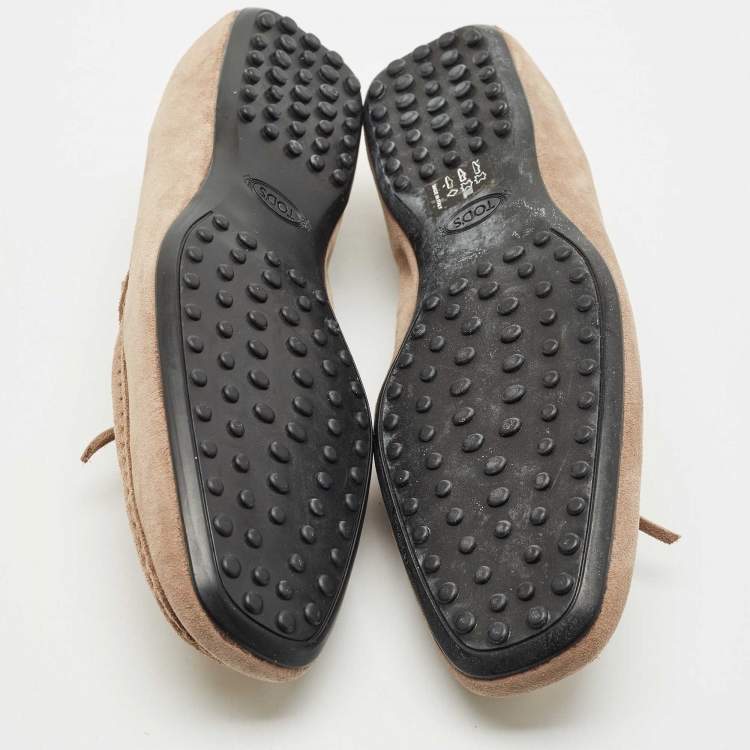 Pre Owned Tod's Light Brown Suede Bow Slip On Loafers Size 41.5