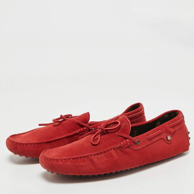 Pre Owned Tod's For Ferrari Red Suede Bow Slip On Loafers Size 44.5