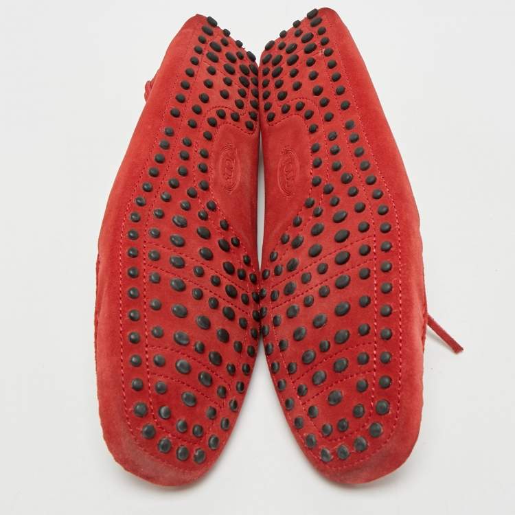 Pre Owned Tod's For Ferrari Red Suede Bow Slip On Loafers Size 44.5