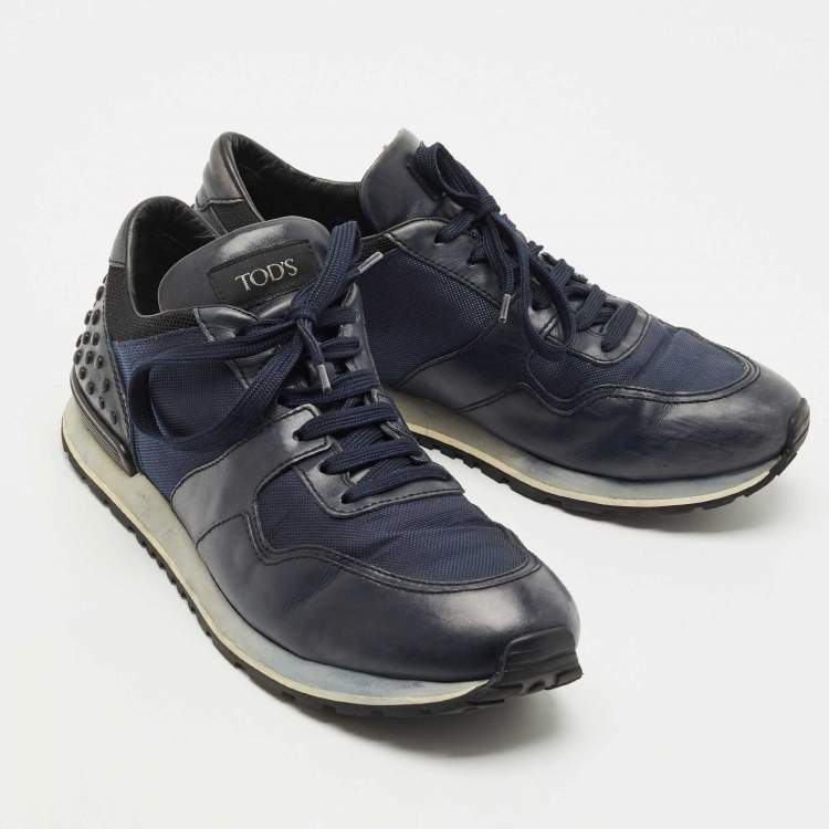 Pre Owned Tod's Black/Blue Leather and Neoprene Low Top Sneakers Size 44.5