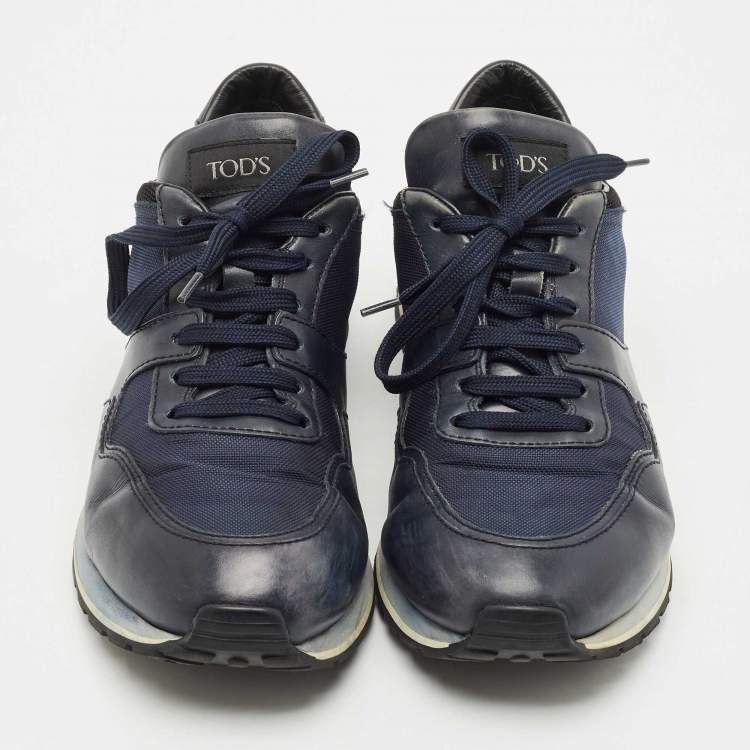 Pre Owned Tod's Black/Blue Leather and Neoprene Low Top Sneakers Size 44.5