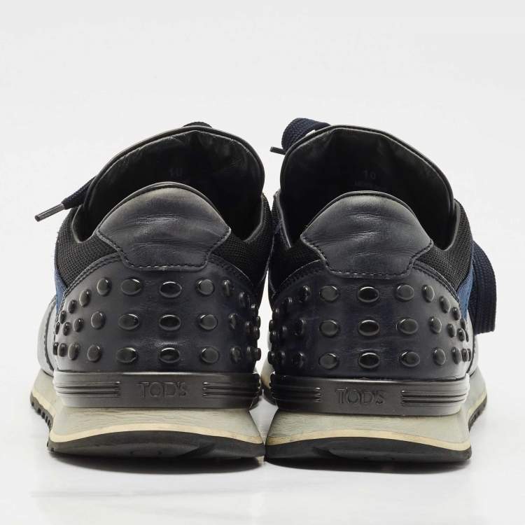 Pre Owned Tod's Black/Blue Leather and Neoprene Low Top Sneakers Size 44.5