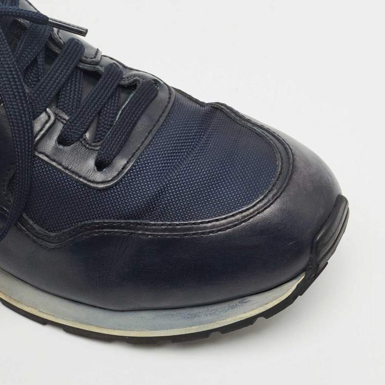 Pre Owned Tod's Black/Blue Leather and Neoprene Low Top Sneakers Size 44.5