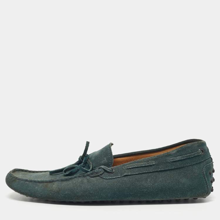 Pre Owned Tod's Dark Green Suede Bow Slip On Loafers Size 44.5