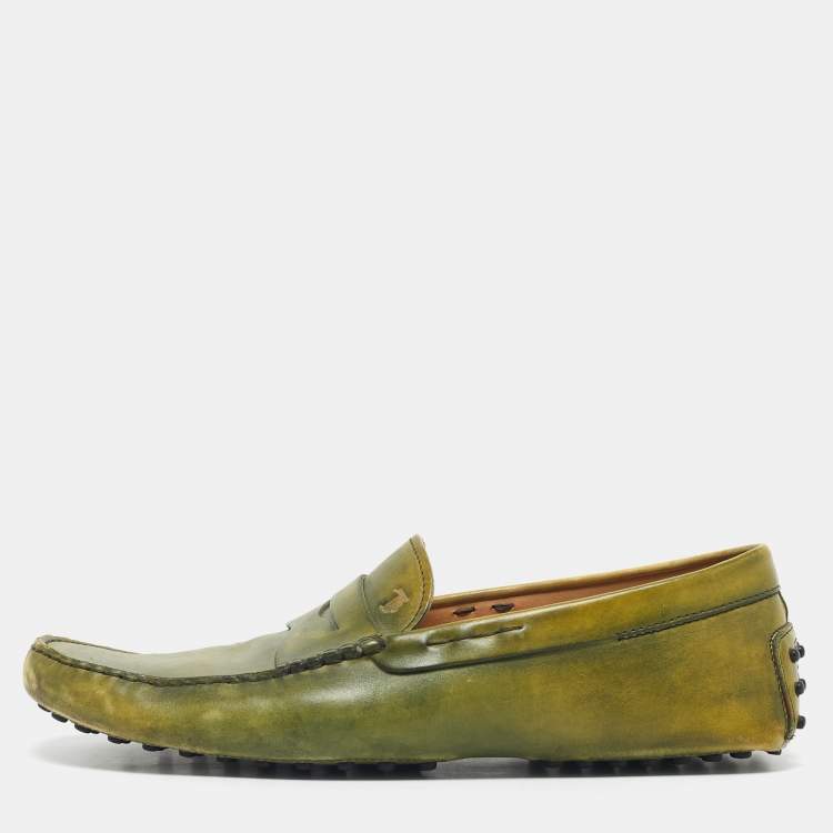 Pre Owned Tod's Light Green Leather Penny Slip On Loafers Size 44.5