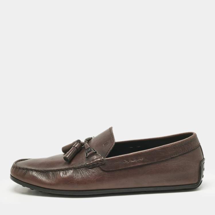 Pre Owned Tod's Brown Leather Double T Slip On Loafers Size 44.5
