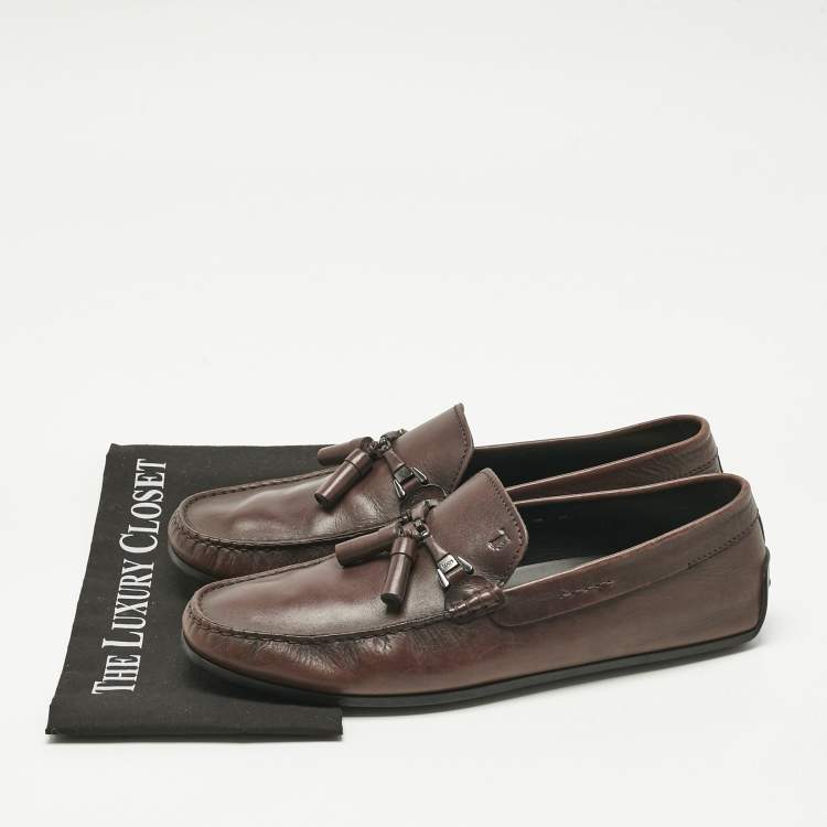 Pre Owned Tod's Brown Leather Double T Slip On Loafers Size 44.5