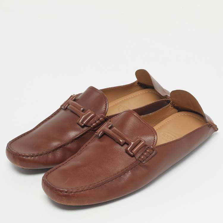 Pre Owned Tod's Brown Leather Double T Mules Size 42.5