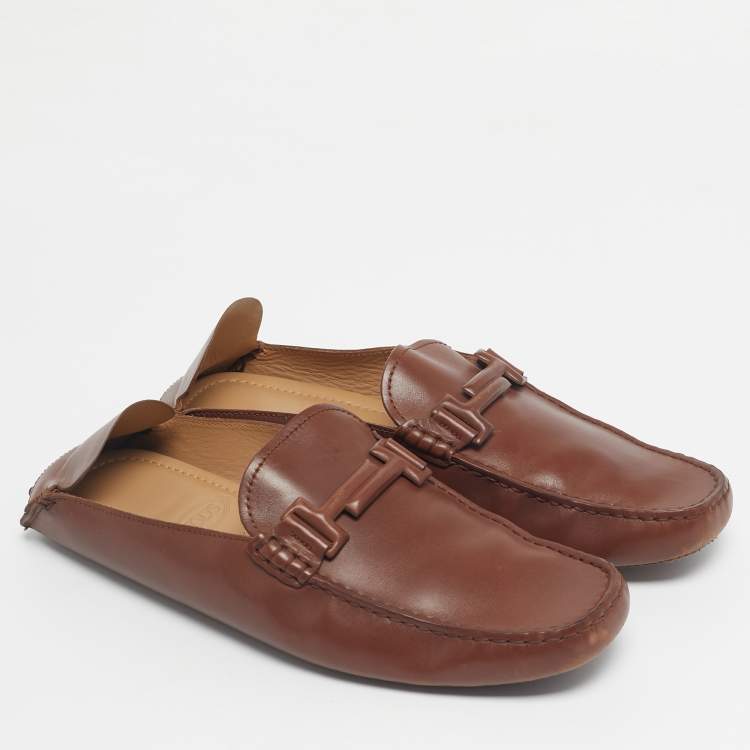 Pre Owned Tod's Brown Leather Double T Mules Size 42.5