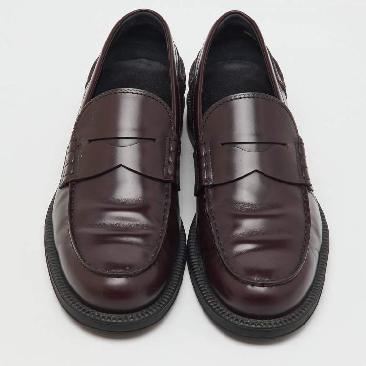 Pre Owned Tod's Dark Burgundy Leather Slip On Loafers Size 41.5
