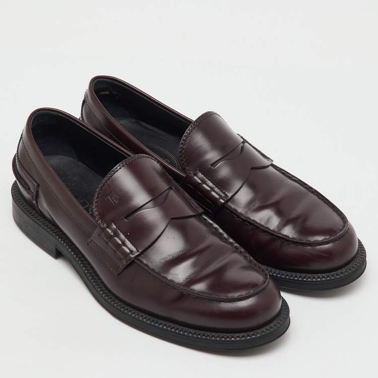 Pre Owned Tod's Dark Burgundy Leather Slip On Loafers Size 41.5