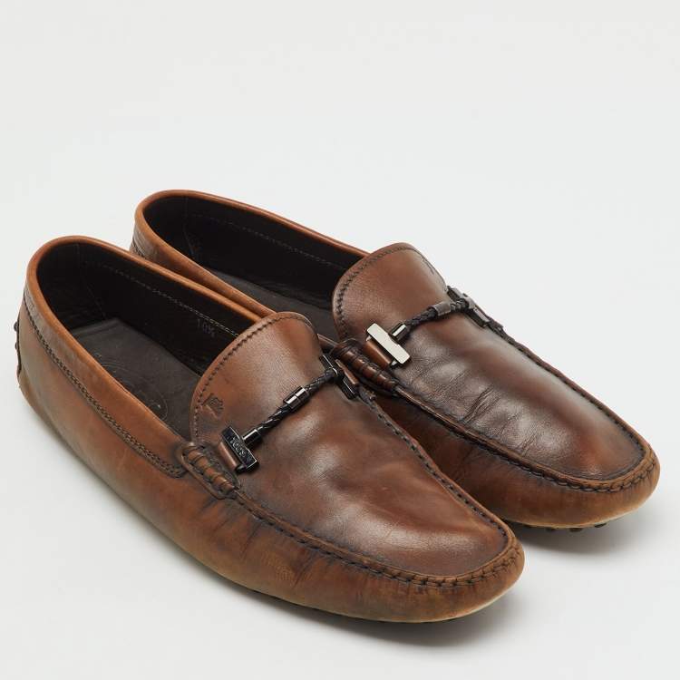 Pre Owned Tod's Dark Brown Leather Slip On Driving Loafers Size 45