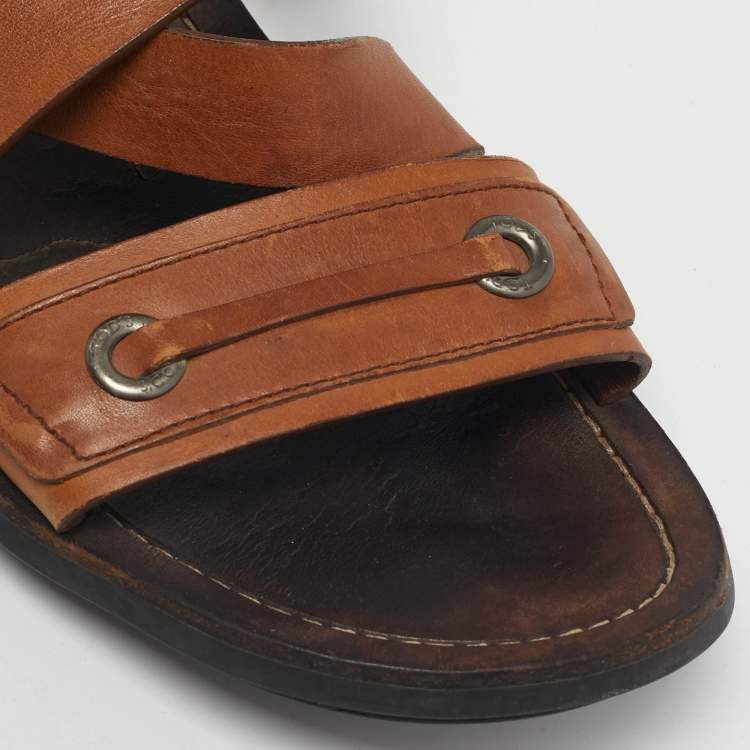 Pre Owned Tod's Brown Leather Crisscross Slide Sandals Size 42.5