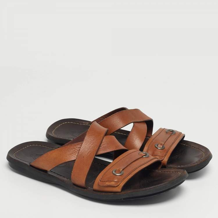 Pre Owned Tod's Brown Leather Crisscross Slide Sandals Size 42.5