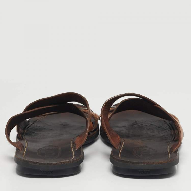Pre Owned Tod's Brown Leather Crisscross Slide Sandals Size 42.5