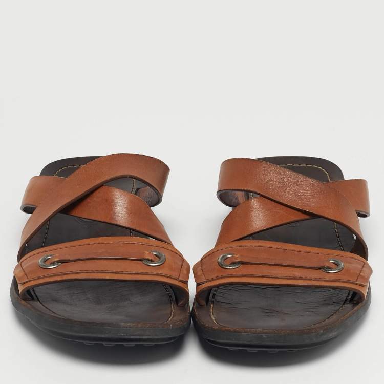 Pre Owned Tod's Brown Leather Crisscross Slide Sandals Size 42.5