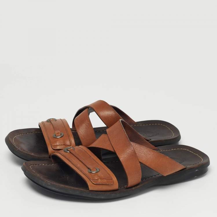 Pre Owned Tod's Brown Leather Crisscross Slide Sandals Size 42.5