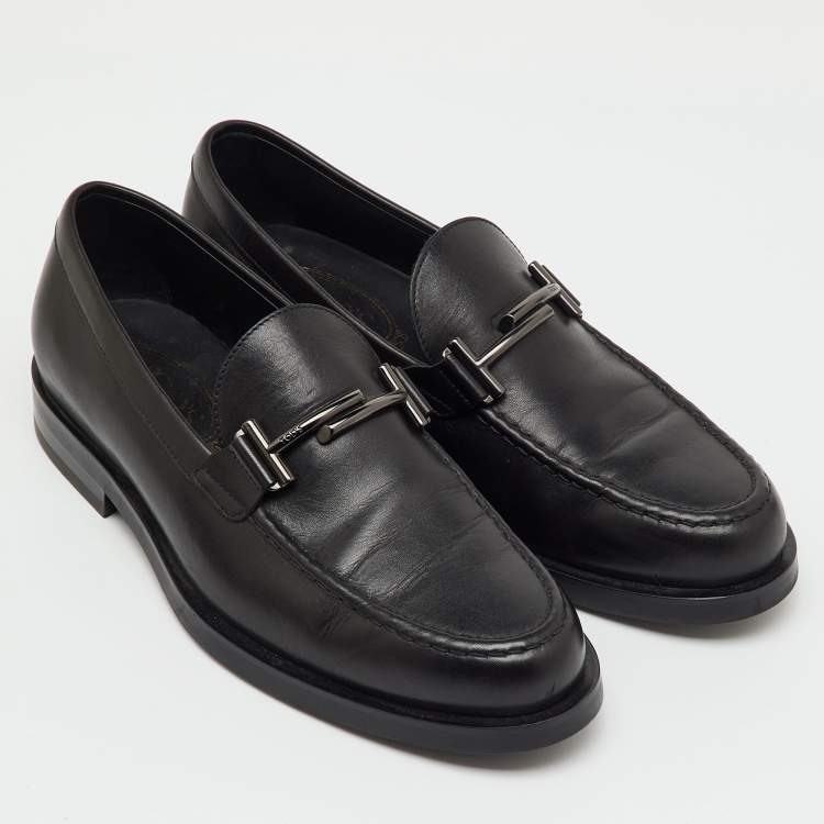 Pre Owned Tod's Black Leather Double T Slip On Loafers Size 38.5
