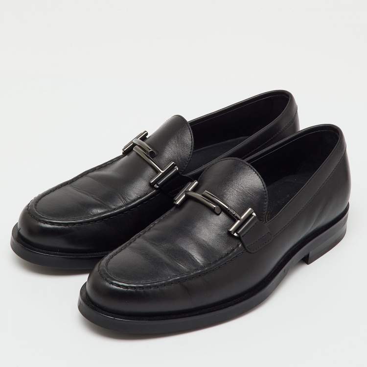 Pre Owned Tod's Black Leather Double T Slip On Loafers Size 38.5