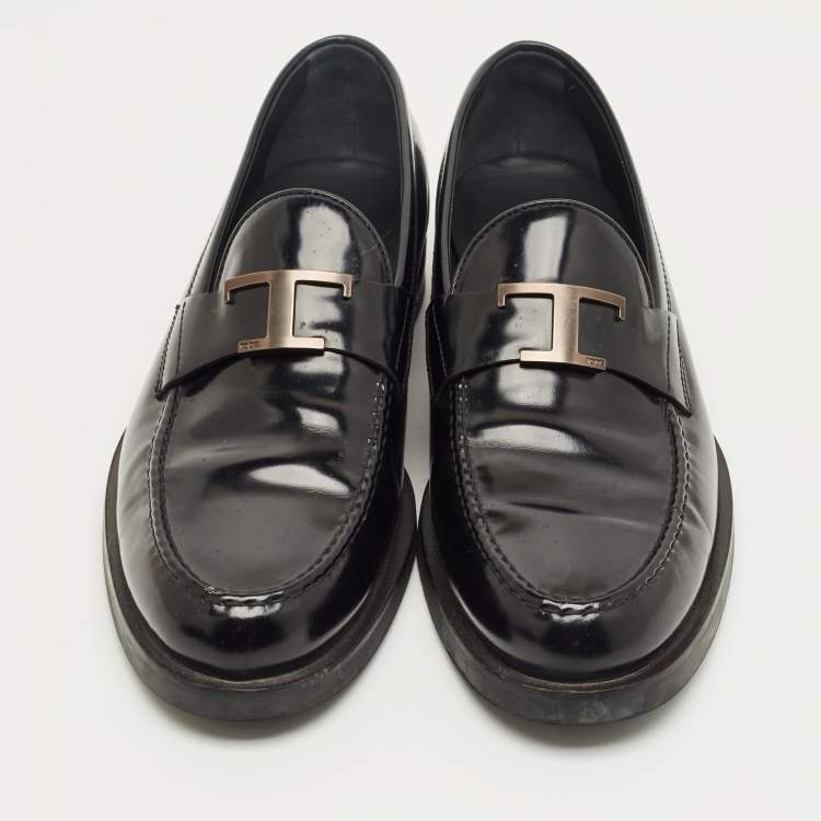Pre Owned Tod's Black Leather T Timeless Penny Loafers Size 41.5