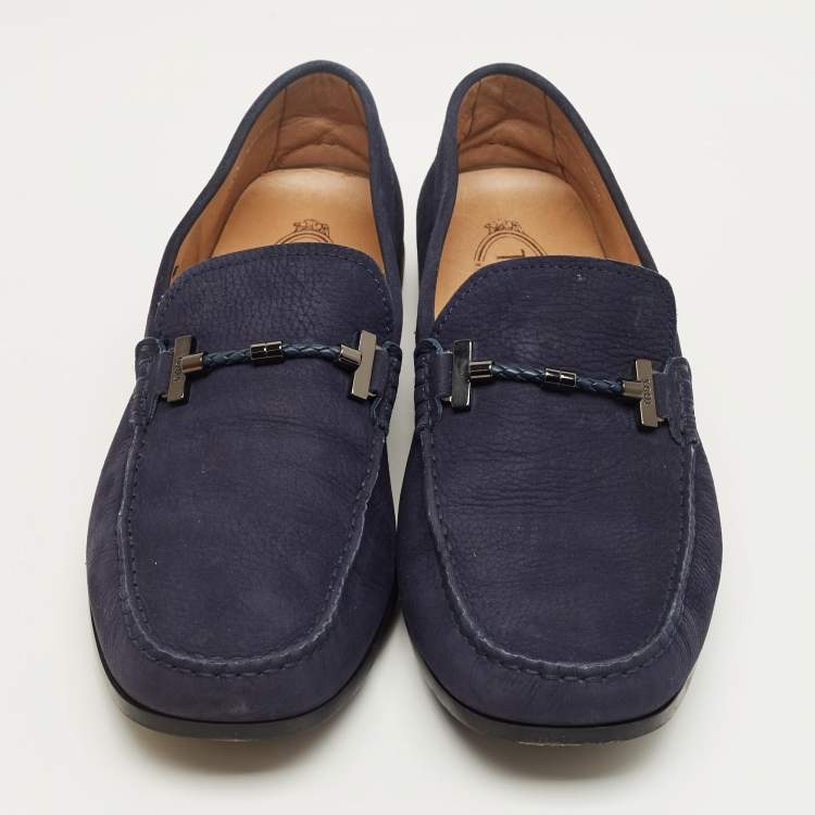 Pre Owned Tod's Navy Blue Suede Double T Loafers Size 44.5