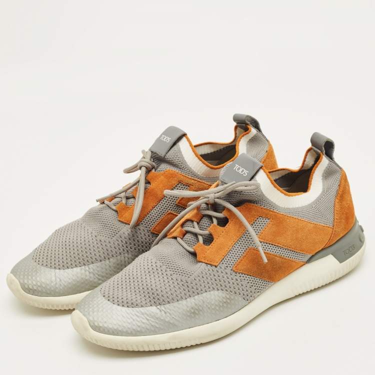 Pre Owned Tod's Size 43 Grey/Brown Knit Fabric and Suede Low Top Sneakers