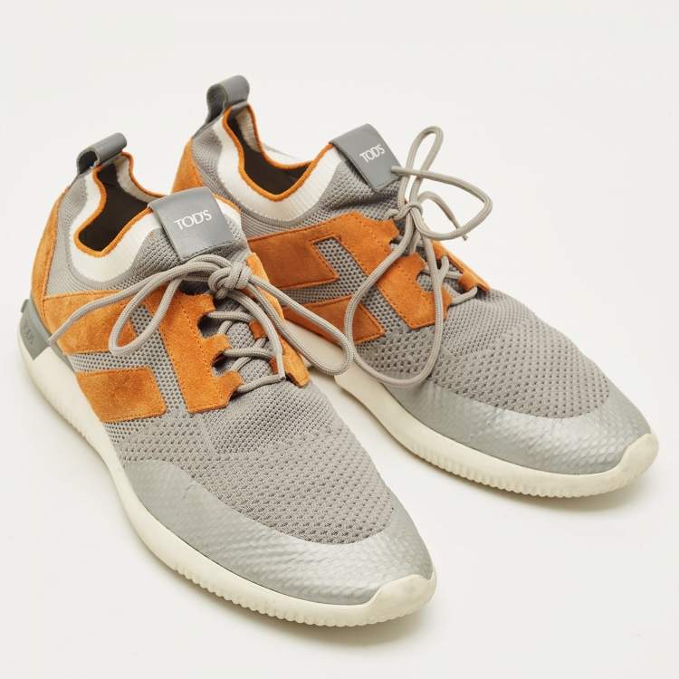 Pre Owned Tod's Size 43 Grey/Brown Knit Fabric and Suede Low Top Sneakers