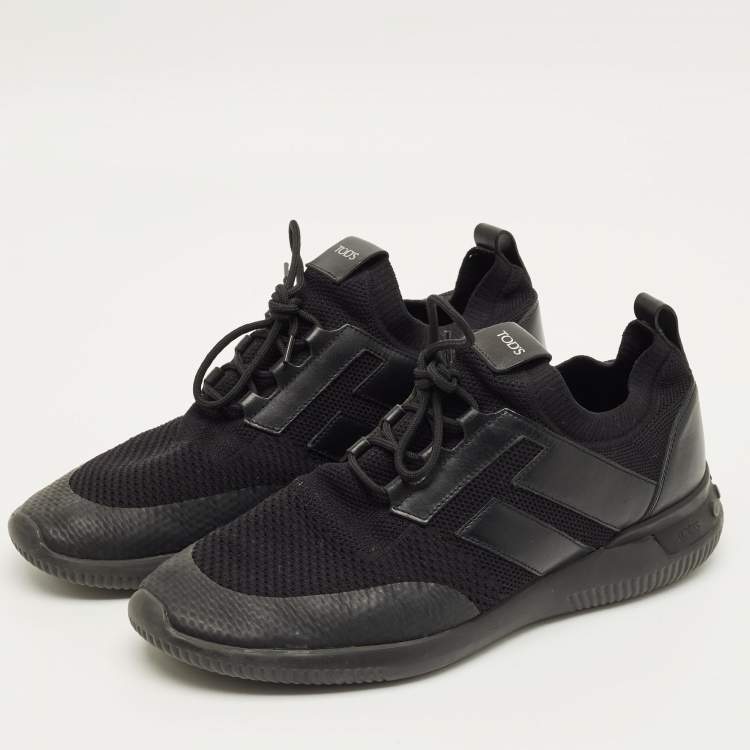 Pre Owned Tod's Size 43 Black Knit Fabric and Leather Low Top Sneakers