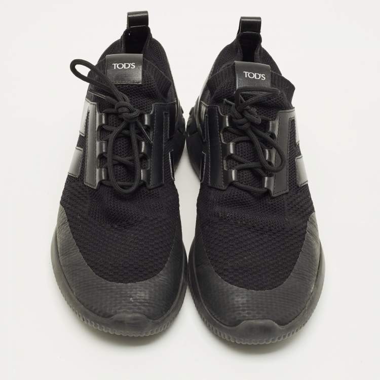 Pre Owned Tod's Size 43 Black Knit Fabric and Leather Low Top Sneakers