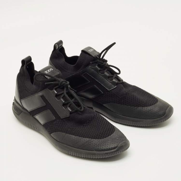 Pre Owned Tod's Size 43 Black Knit Fabric and Leather Low Top Sneakers