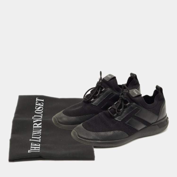 Pre Owned Tod's Size 43 Black Knit Fabric and Leather Low Top Sneakers