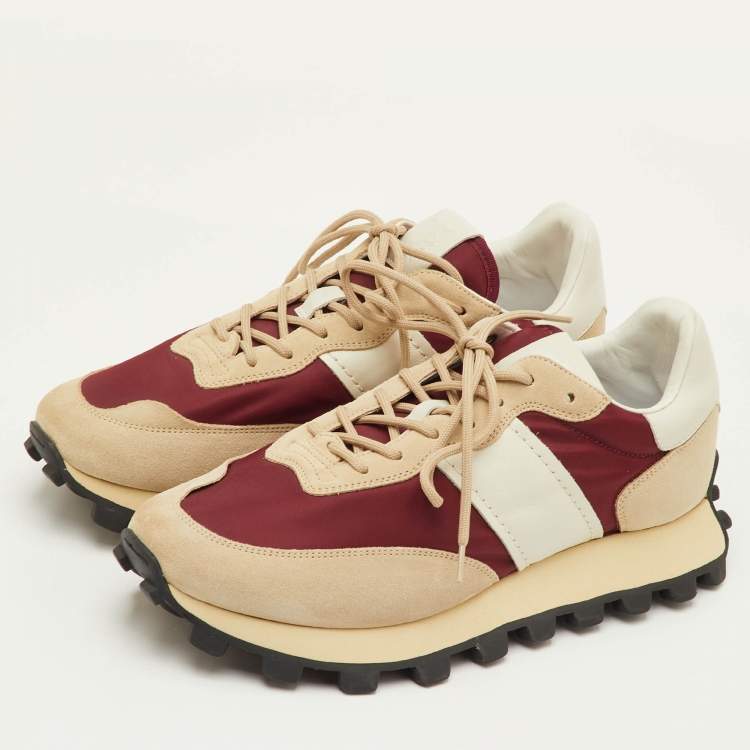 Pre Owned Tod's Size 41.5 Beige/Maroon Fabric, Leather and Suede Low Top Sneakers