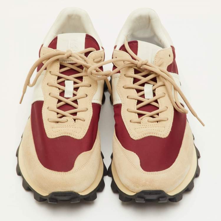 Pre Owned Tod's Size 41.5 Beige/Maroon Fabric, Leather and Suede Low Top Sneakers