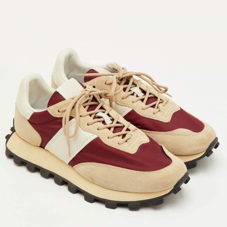 Pre Owned Tod's Size 41.5 Beige/Maroon Fabric, Leather and Suede Low Top Sneakers